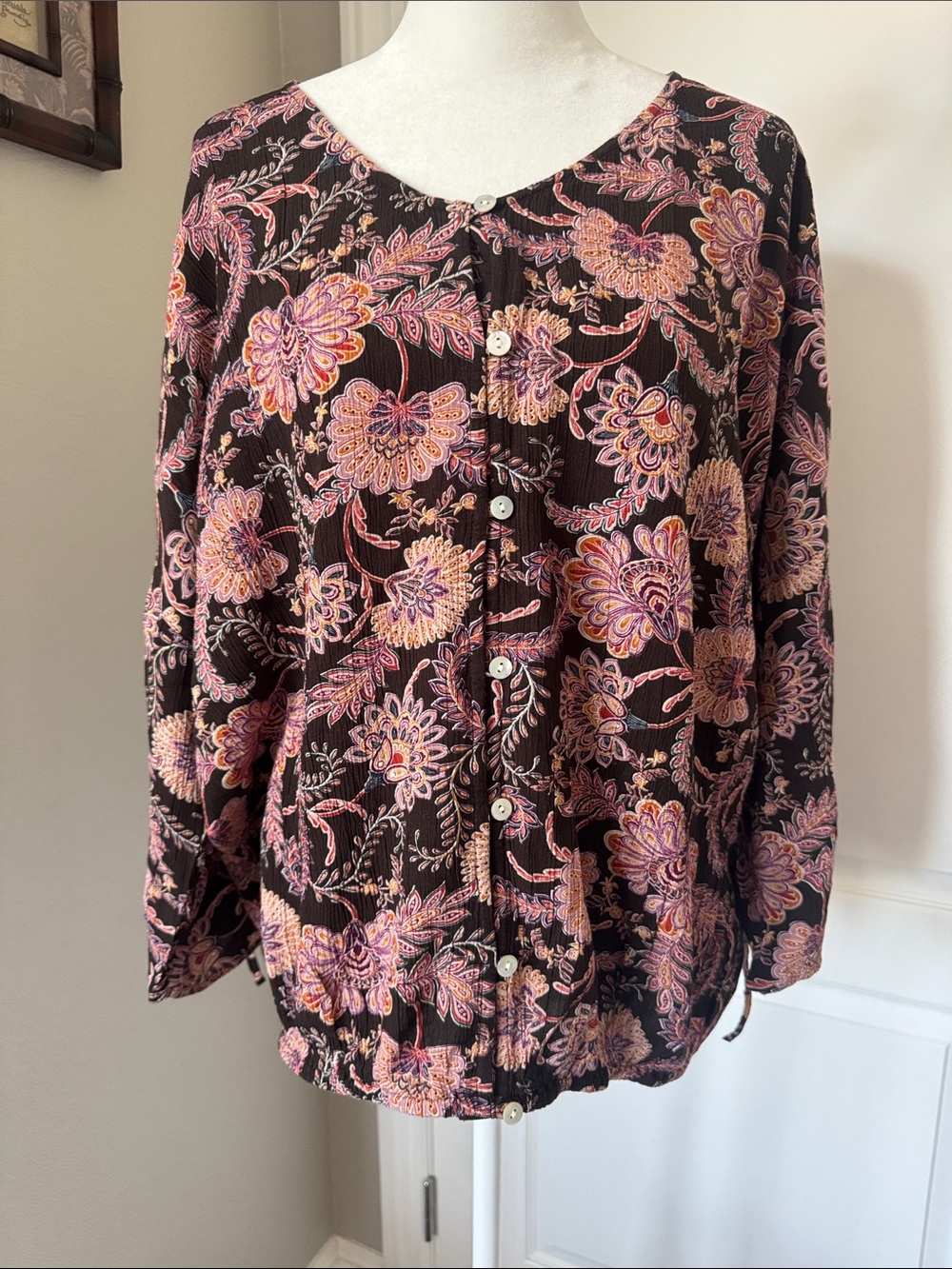 J. Jill Brown Floral Button-Front Blouse with Pink Accents